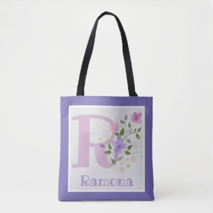 Tote Bag has First Initial Plus Name with Flowers