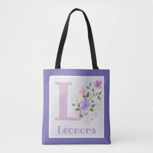 Tote Bag has First Initial Plus Name with Flowers