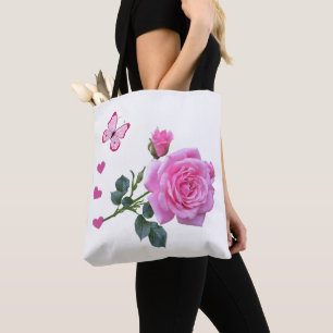 Tote bag Pink Rose Butterfly Kisses Hearts