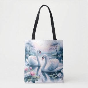 Tote Bag - Swans in a Tranquil Lily Pond