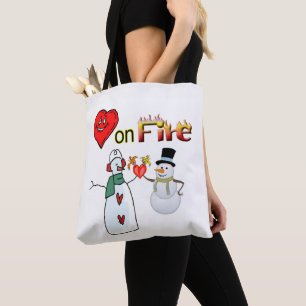 Tote bag Valentines day hearts on Fire Snowman