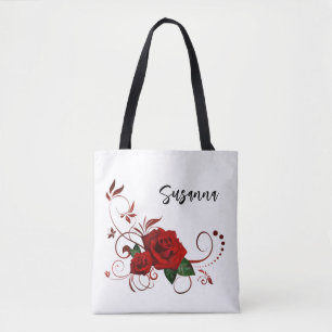 Tote Bag, White Beautiful Classic Red Rose Floral Bag