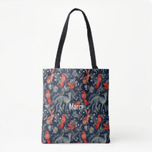 Tote Bag with a Folk Art Design in Dark Blue