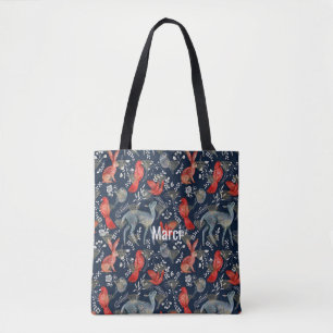 Tote Bag with a Folk Art Design in Dark Blue