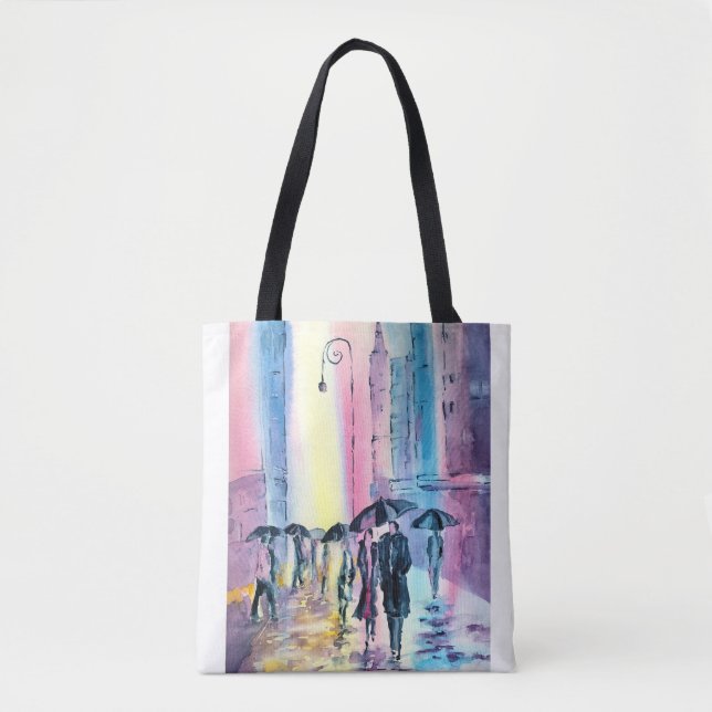 Tote Bag with a scene of a Couple walking in rain (Front)