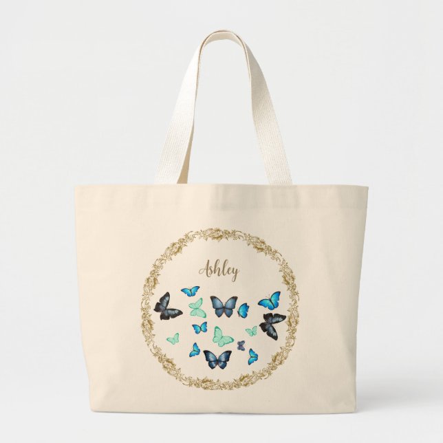 Tote Bag with Blue Butterflies & Floral design (Front)