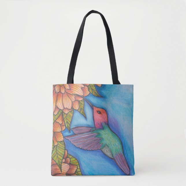 Tote Bag With Hummingbird and Flowers Pencil Art (Front)