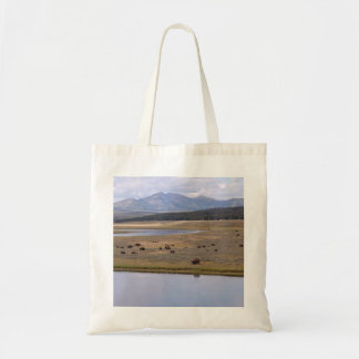 Tote bag with photo of bison, mountains & lake