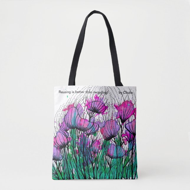 Tote bag with whimsical pink flowers (Front)
