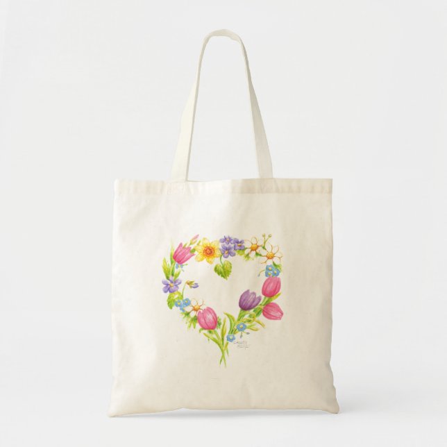Tote Flowers Watercolor Heart Wreath Bag (Front)