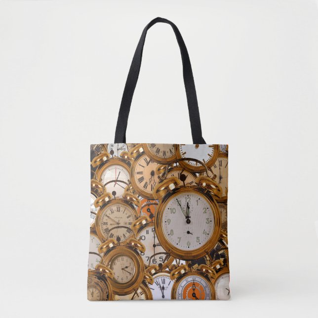 Tote Grocery Shopping Bag Gold Time Clocks Watches (Front)