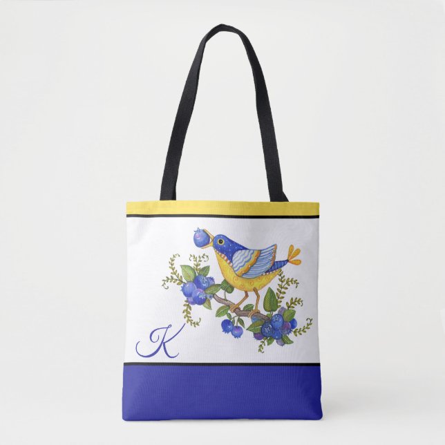 TOTE w/ INITIAL BIRD BLUEBERRIES BLUE YELLOW (Front)