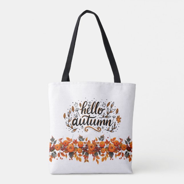 Tote with "Hello Autumn"copy and pumpkin garland Bag (Back)