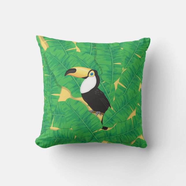 Toucan and banana leaves cushion (Front)