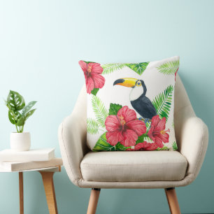 Toucan and tropical bouquet cushion
