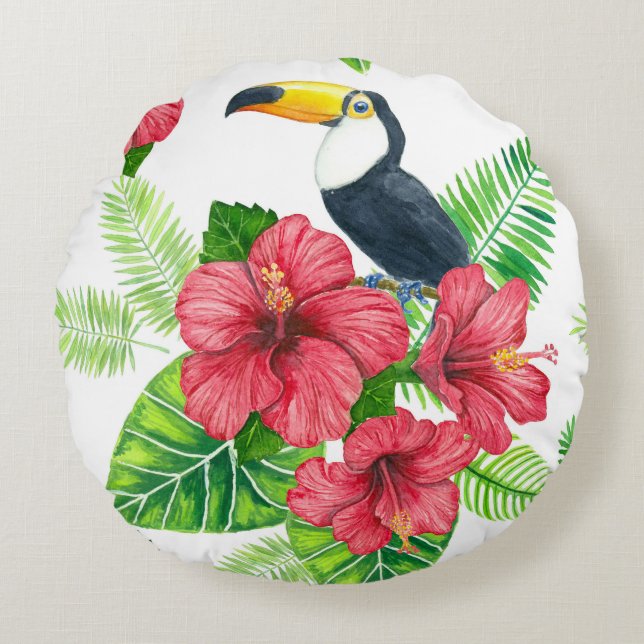 Toucan and tropical bouquet round cushion (Front)