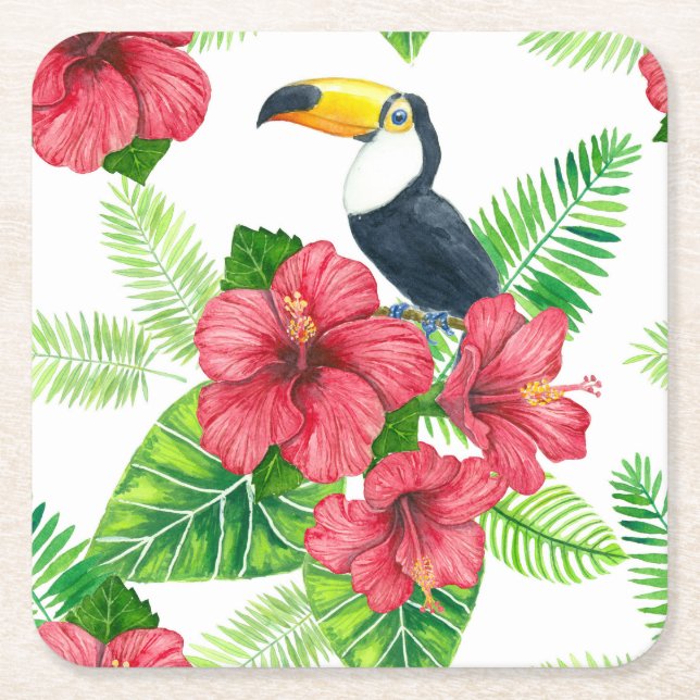 Toucan and tropical bouquet square paper coaster (Front)