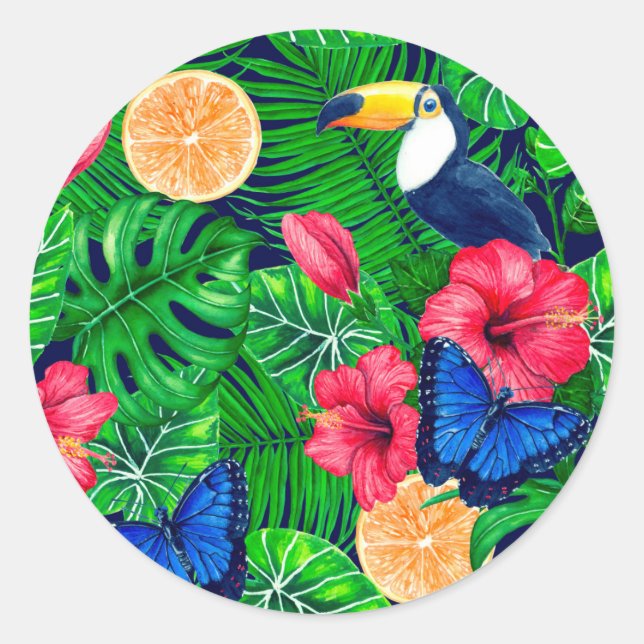 Toucan and tropical garden watercolor classic round sticker (Front)