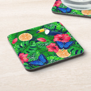 Toucan and tropical garden watercolor coaster