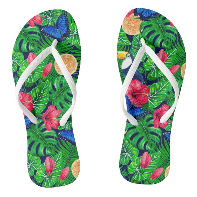 Toucan and tropical garden watercolor flip flops (Footbed)