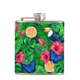 Toucan and tropical garden watercolor hip flask