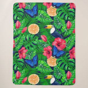 Toucan and tropical garden watercolor sherpa blanket