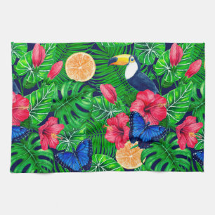 Toucan and tropical garden watercolor tea towel
