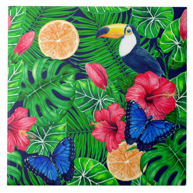 Toucan and tropical garden watercolor tile (Front)