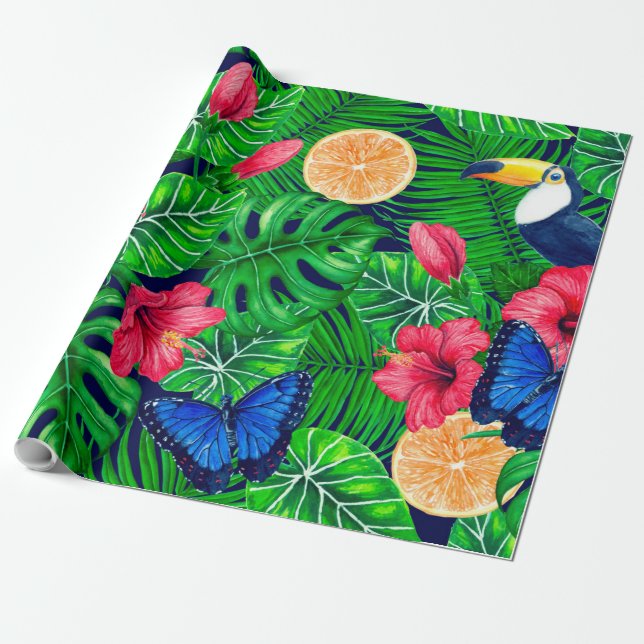 Toucan and tropical garden watercolor wrapping paper (Unrolled)