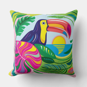 Toucan and Tropical Leaves Cushion