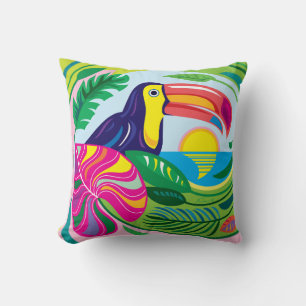 Toucan and Tropical Leaves Cushion