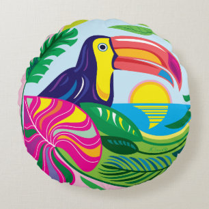Toucan and Tropical Leaves Round Cushion