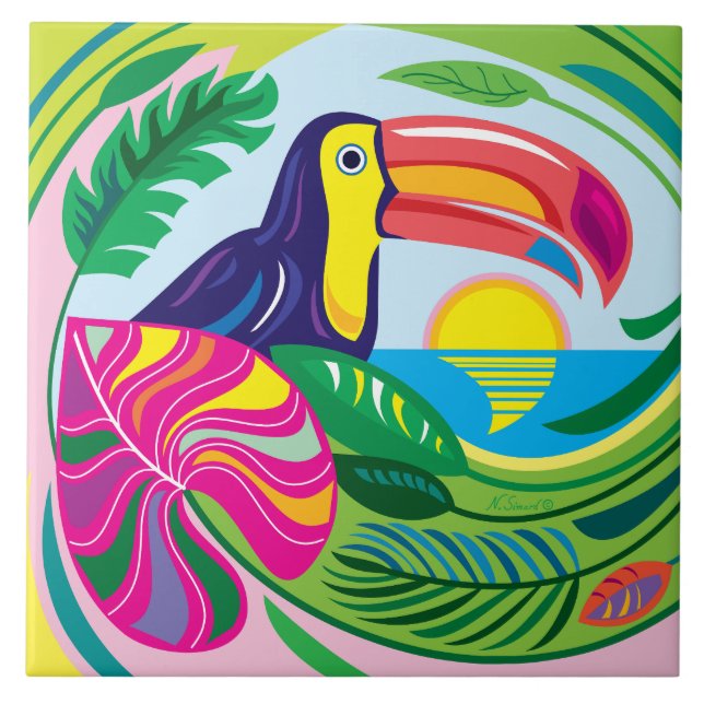Toucan and Tropical Leaves Tile (Front)