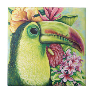Toucan Bird Floral Tropical Green Art Ceramic Tile