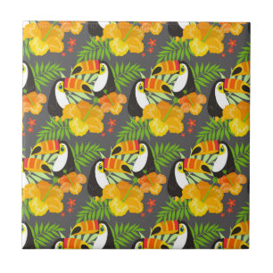 Toucan Bird Orange Tropical Flowers Green Leaves Tile