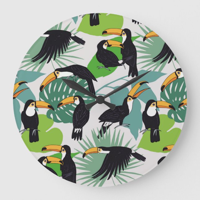 Toucan Bird: Palm Leaves Pattern Large Clock (Front)
