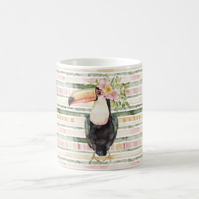 Toucan Bird Pink Green Stripes Coffee Mug (Center)