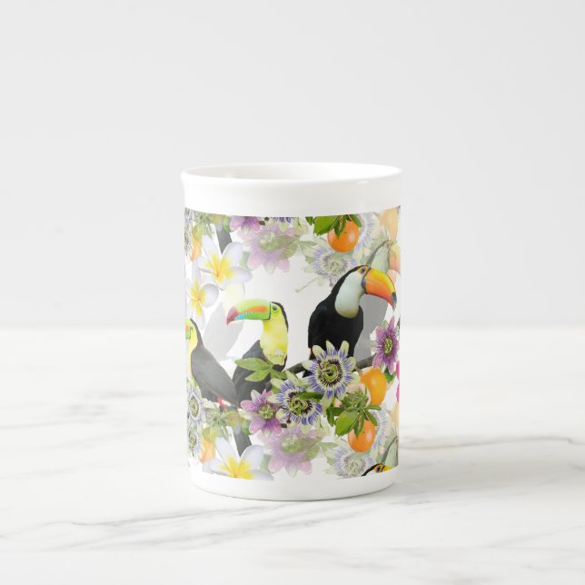 Toucan Birds, Passion Flowers, Plumeria Tropical B Bone China Mug (Front)
