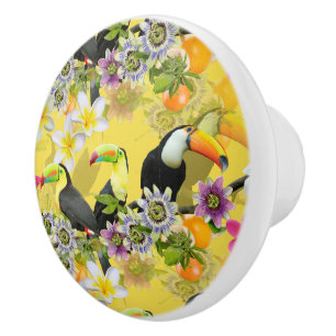 Toucan Birds, Passion Flowers, Plumeria Tropical Ceramic Knob