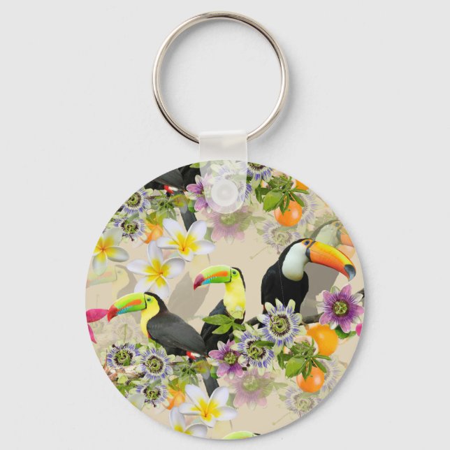 Toucan Birds, Passion Flowers, Plumeria Tropical Key Ring (Front)