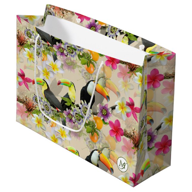 Toucan Birds, Passion Flowers, Plumeria Tropical L Large Gift Bag (Front Angled)