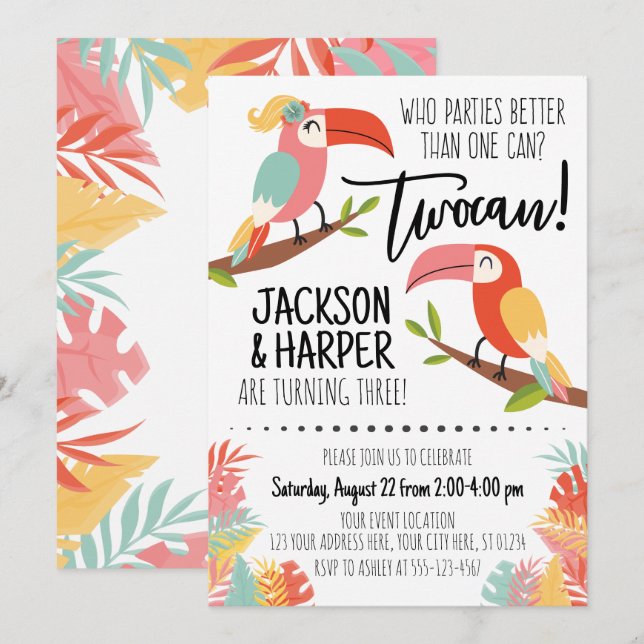Toucan Birthday Invitation Siblings Brother Sister (Front/Back)