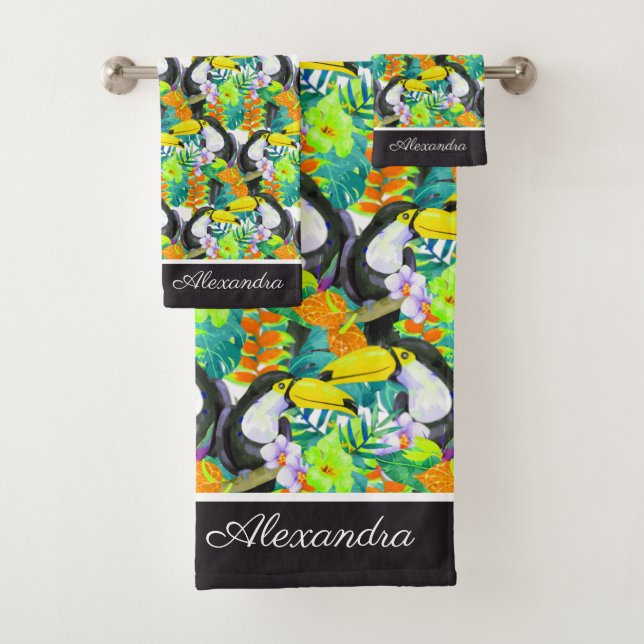 Toucan Black and White Monogram Tropical Flower Bath Towel Set (Insitu)
