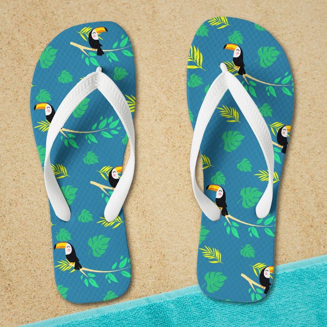 Toucan Blue and Green Tropical Rainforest Flip Flops (Creator Uploaded)