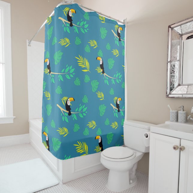 Toucan Blue and Green Tropical Rainforest Shower Curtain (In Situ)