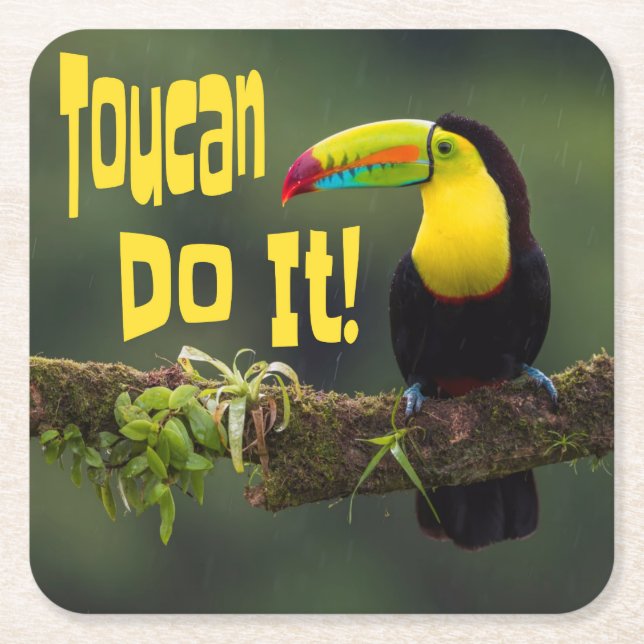 Toucan Do It! Colourful Bird Motivational Funny Pu Square Paper Coaster (Front)