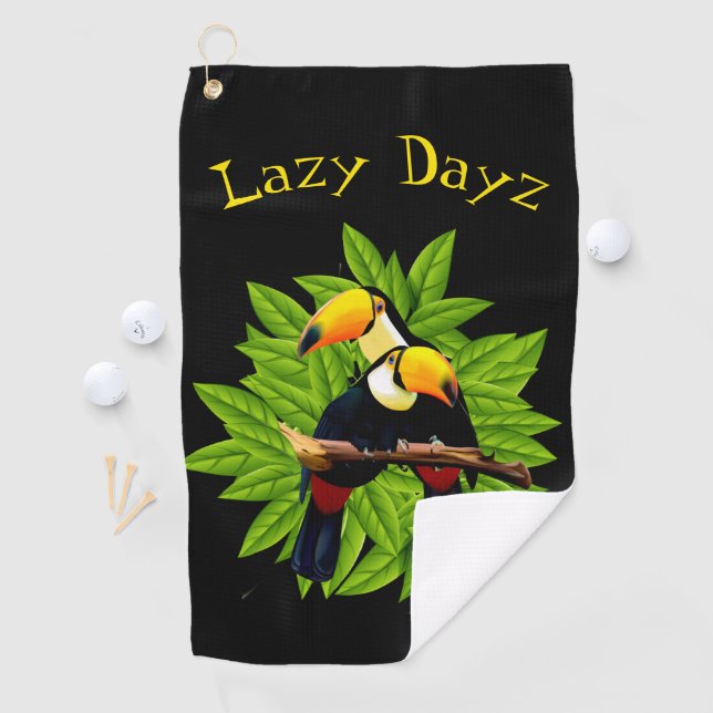 Toucan Duo Pops on Black Golf Towel (InSitu)