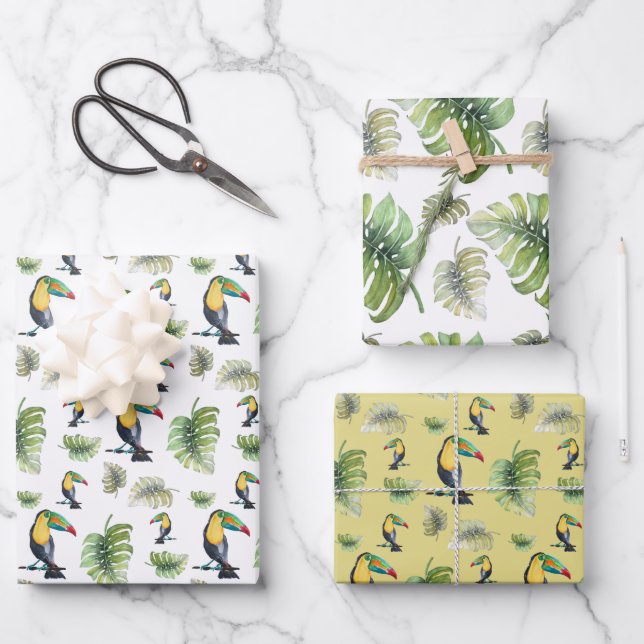 Toucan Exotic Monstera Watercolor Illustration Wrapping Paper Sheet (Front)