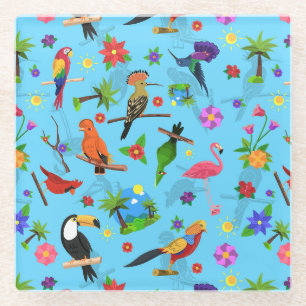 Toucan Flamingo And Arara Seamless Birds Pattern Glass Coaster