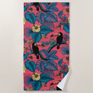 Toucan garden in red and blue beach towel